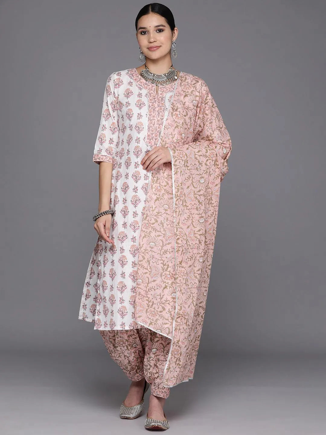White Printed Cotton Straight Suit Set With Salwar - Libas 