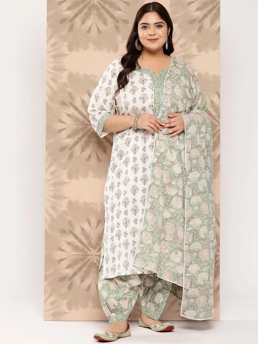 White Printed Cotton Straight Kurta With Salwar and Dupatta-image-22