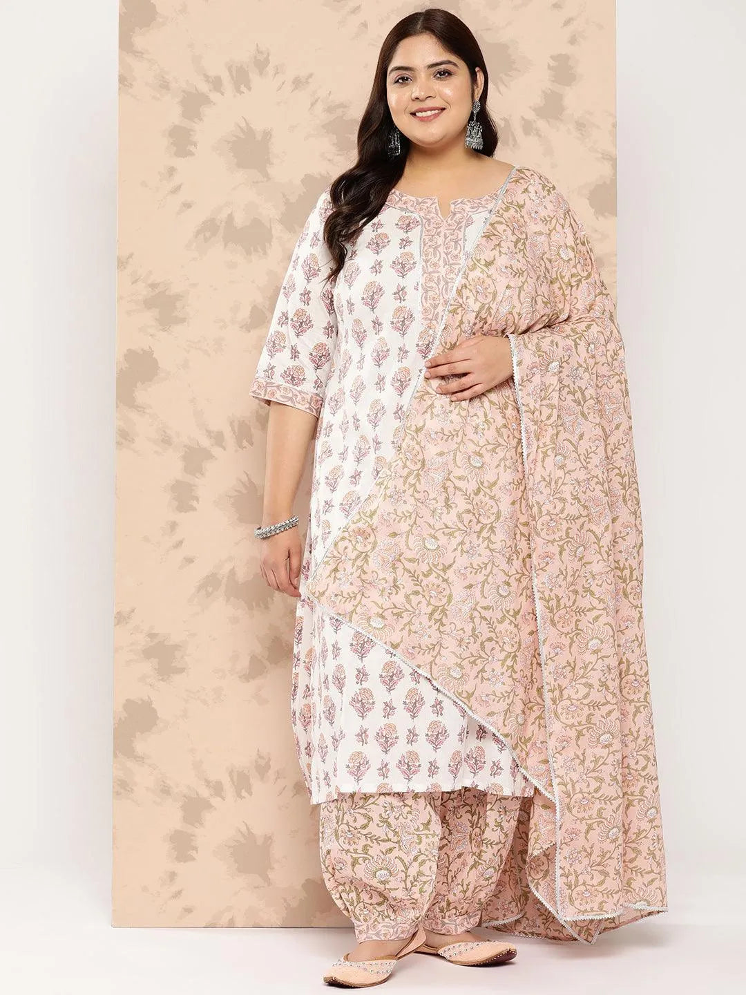 White Printed Cotton Straight Kurta With Salwar and Dupatta - Libas