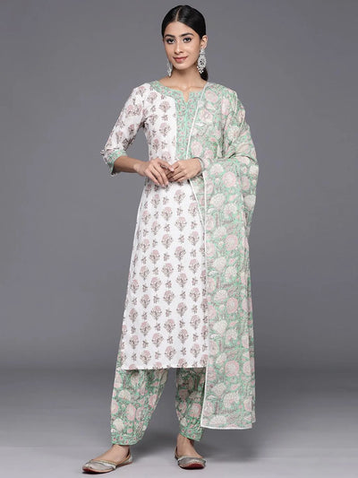 White Printed Cotton Straight Kurta With Salwar & Dupatta - Libas