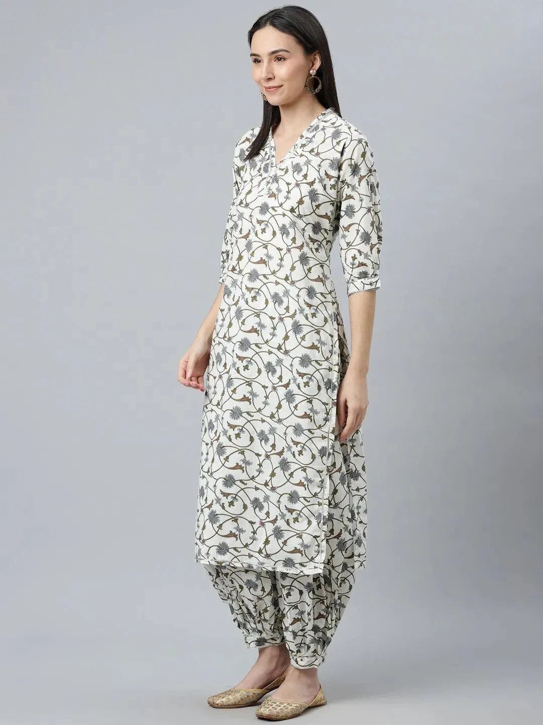 White Printed Cotton Suit Set - Libas 