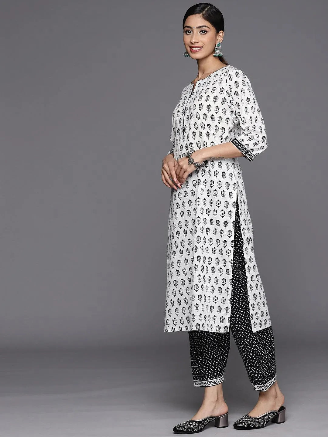 White Printed Cotton Straight Suit Set With Salwar - Libas 