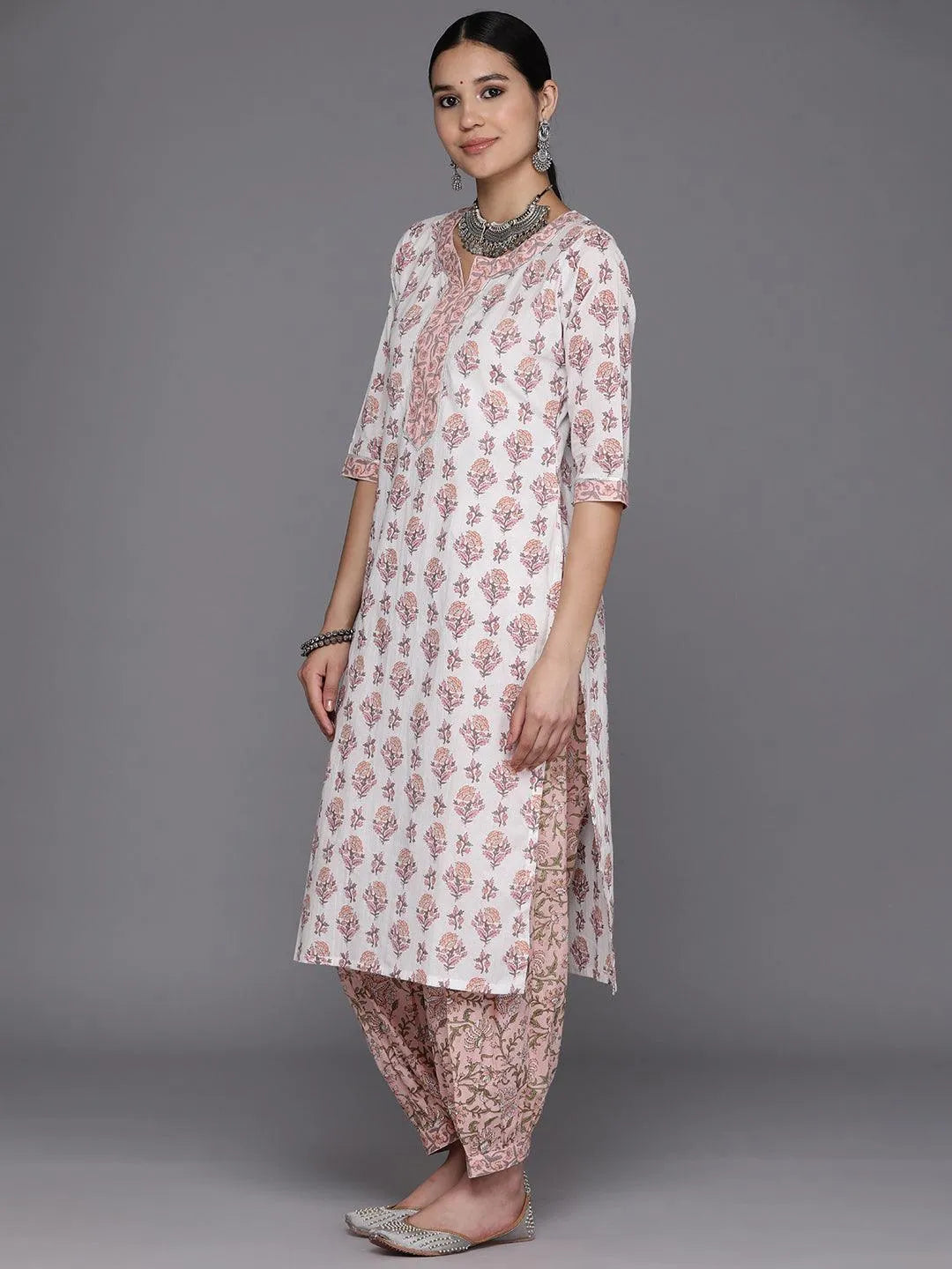 White Printed Cotton Straight Suit Set With Salwar - Libas 