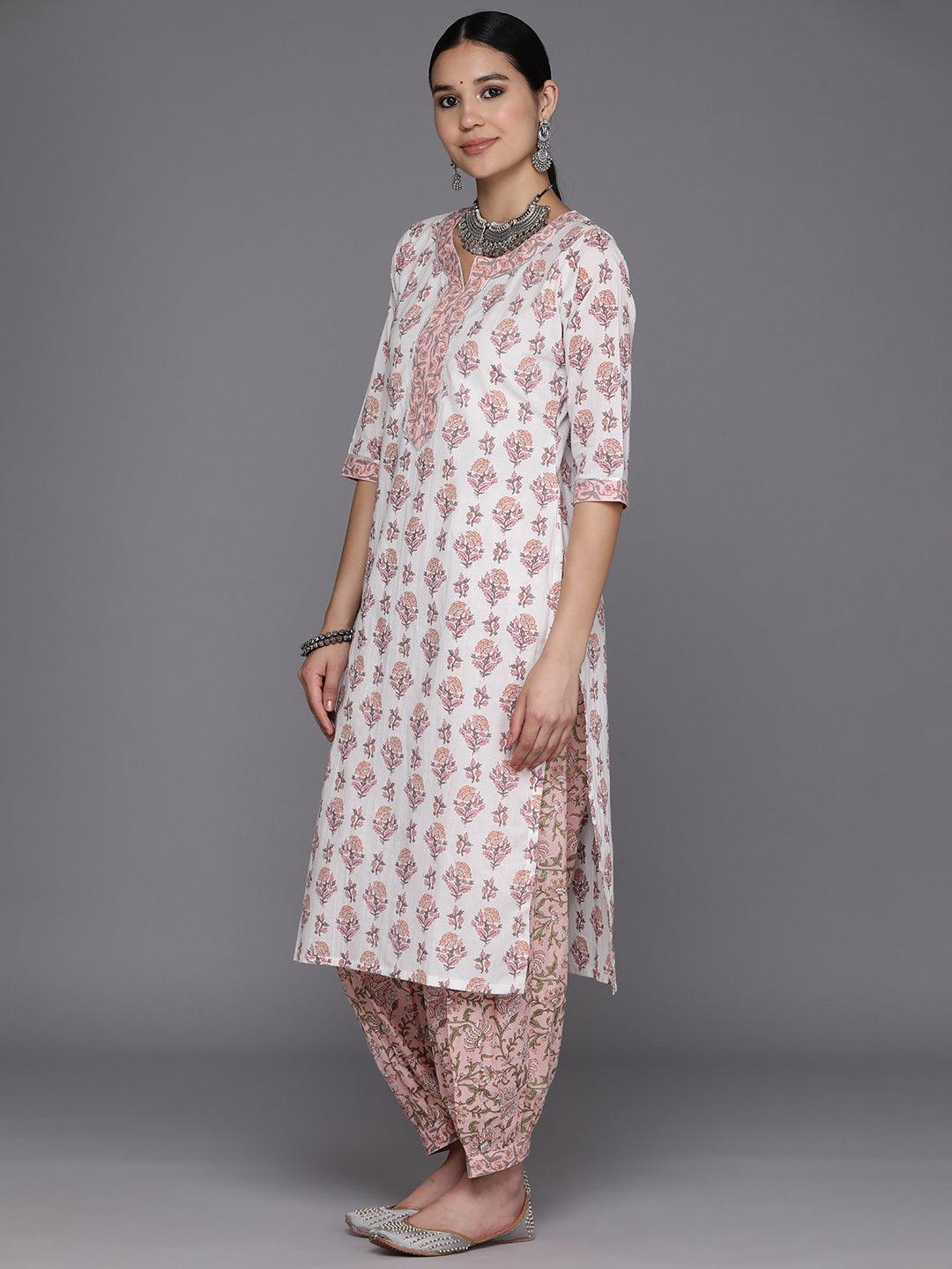 White Printed Cotton Straight Suit Set With Salwar - Libas