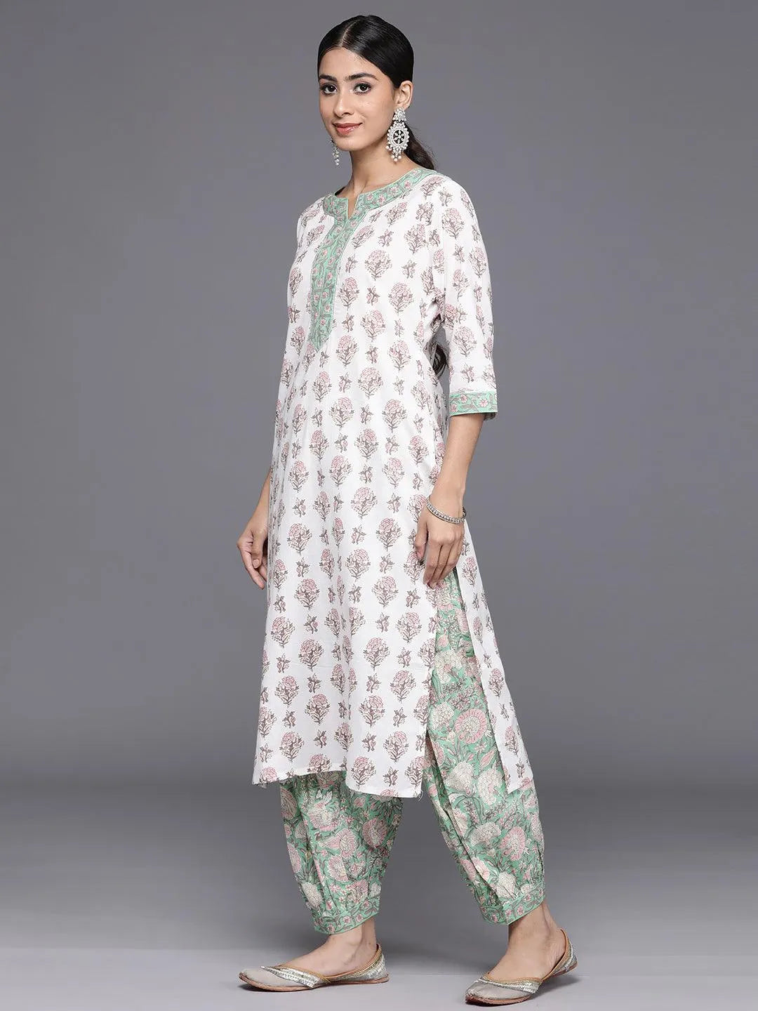 White Printed Cotton Straight Kurta With Salwar & Dupatta - Libas 