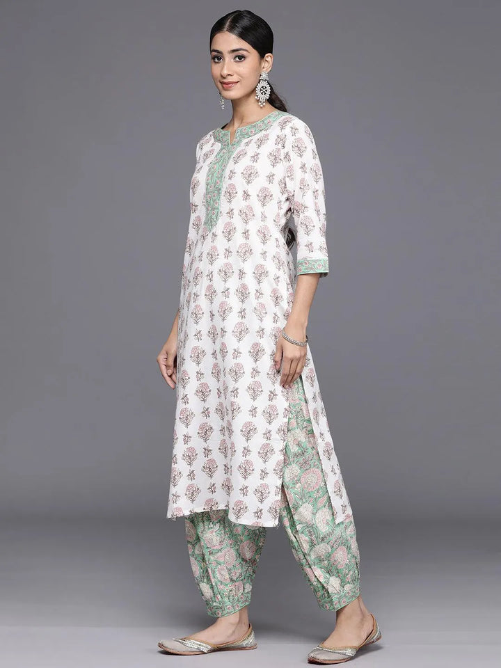 White Printed Cotton Straight Kurta With Salwar & Dupatta - Libas