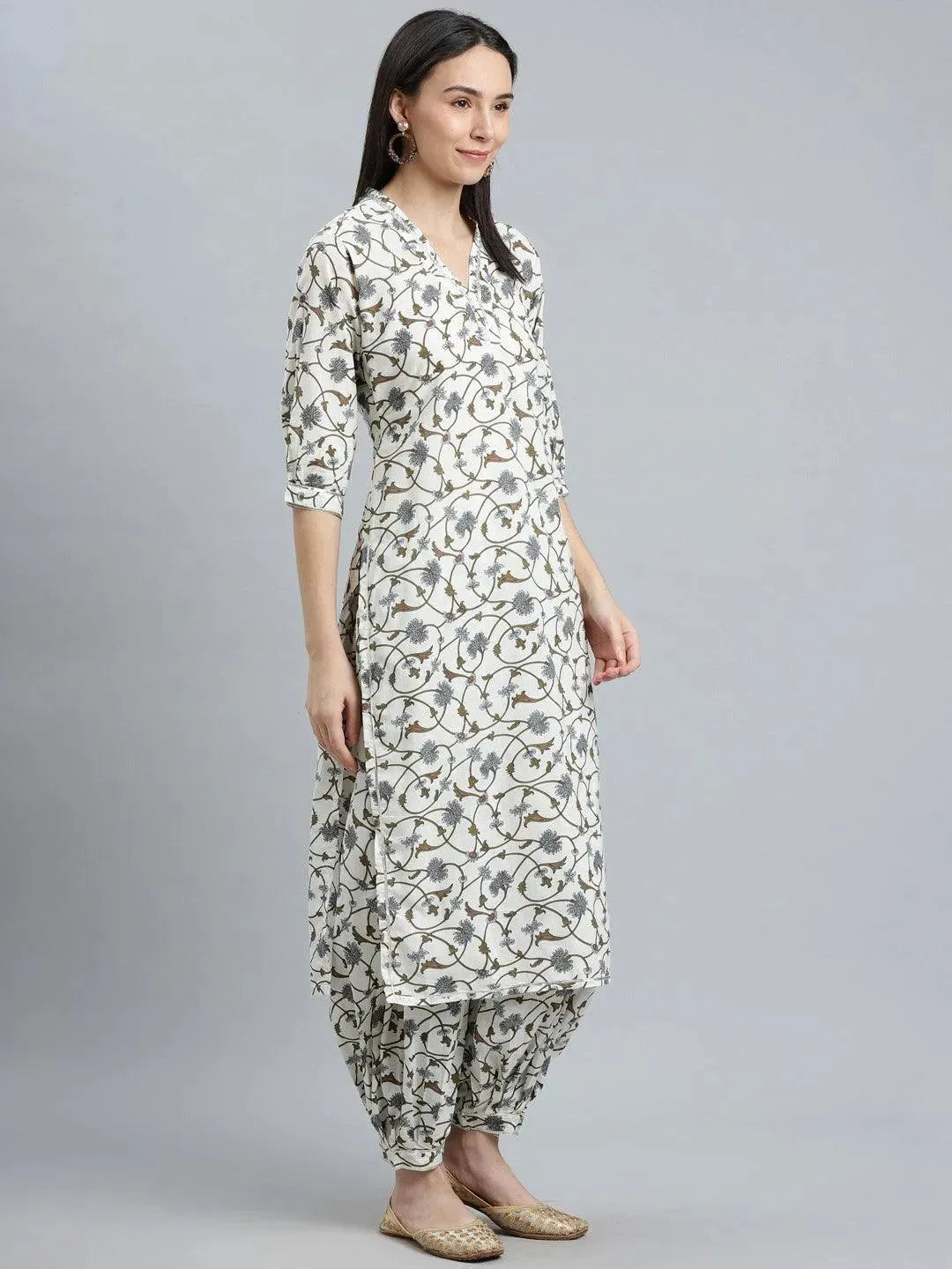 White Printed Cotton Straight Kurta With Salwar & Dupatta