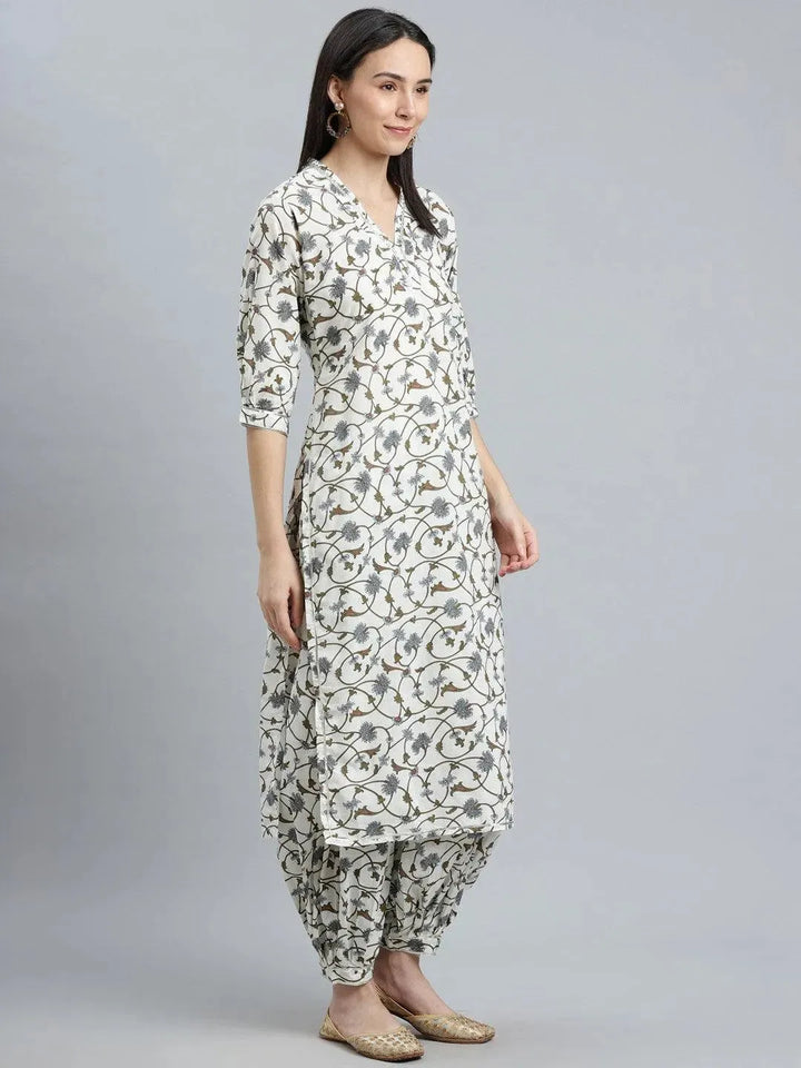 White Printed Cotton Suit Set - Libas