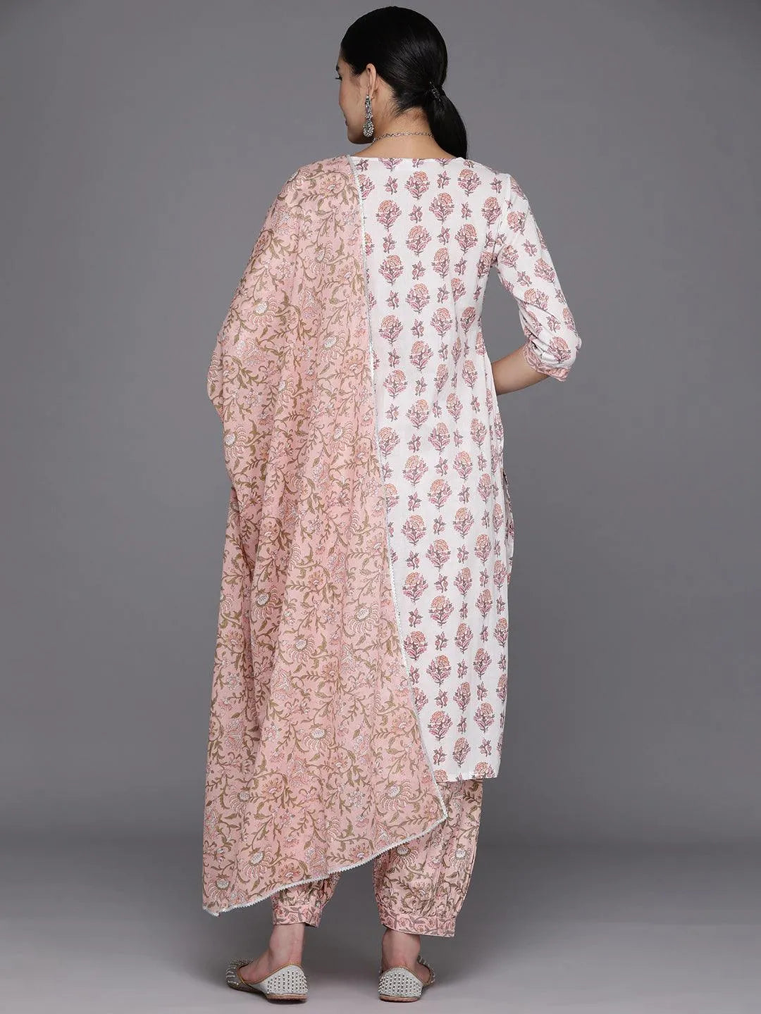 White Printed Cotton Straight Suit Set With Salwar - Libas 