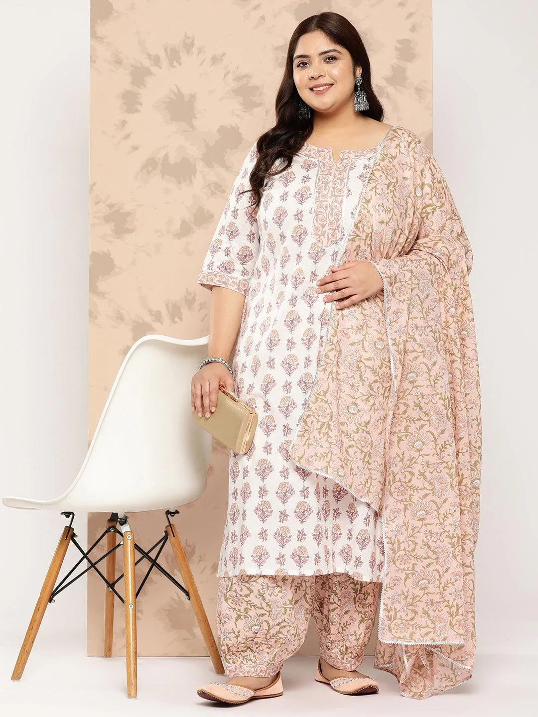 White Printed Cotton Straight Kurta With Salwar and Dupatta - Libas