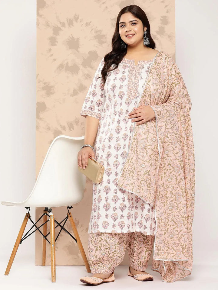 White Printed Cotton Straight Kurta With Salwar and Dupatta - Libas