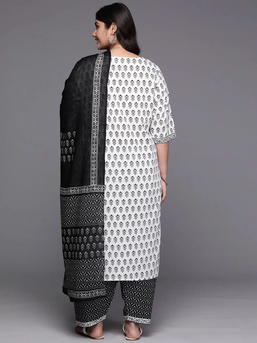Black Yoke Design Cotton Straight Kurta With Trousers & Dupatta - Libas 