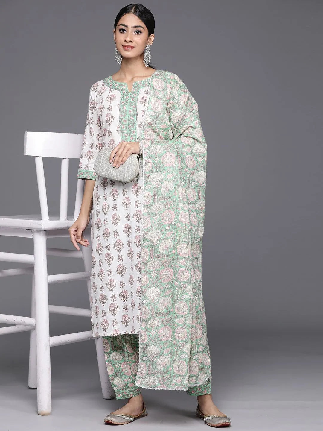 White Printed Cotton Straight Kurta With Salwar & Dupatta - Libas 