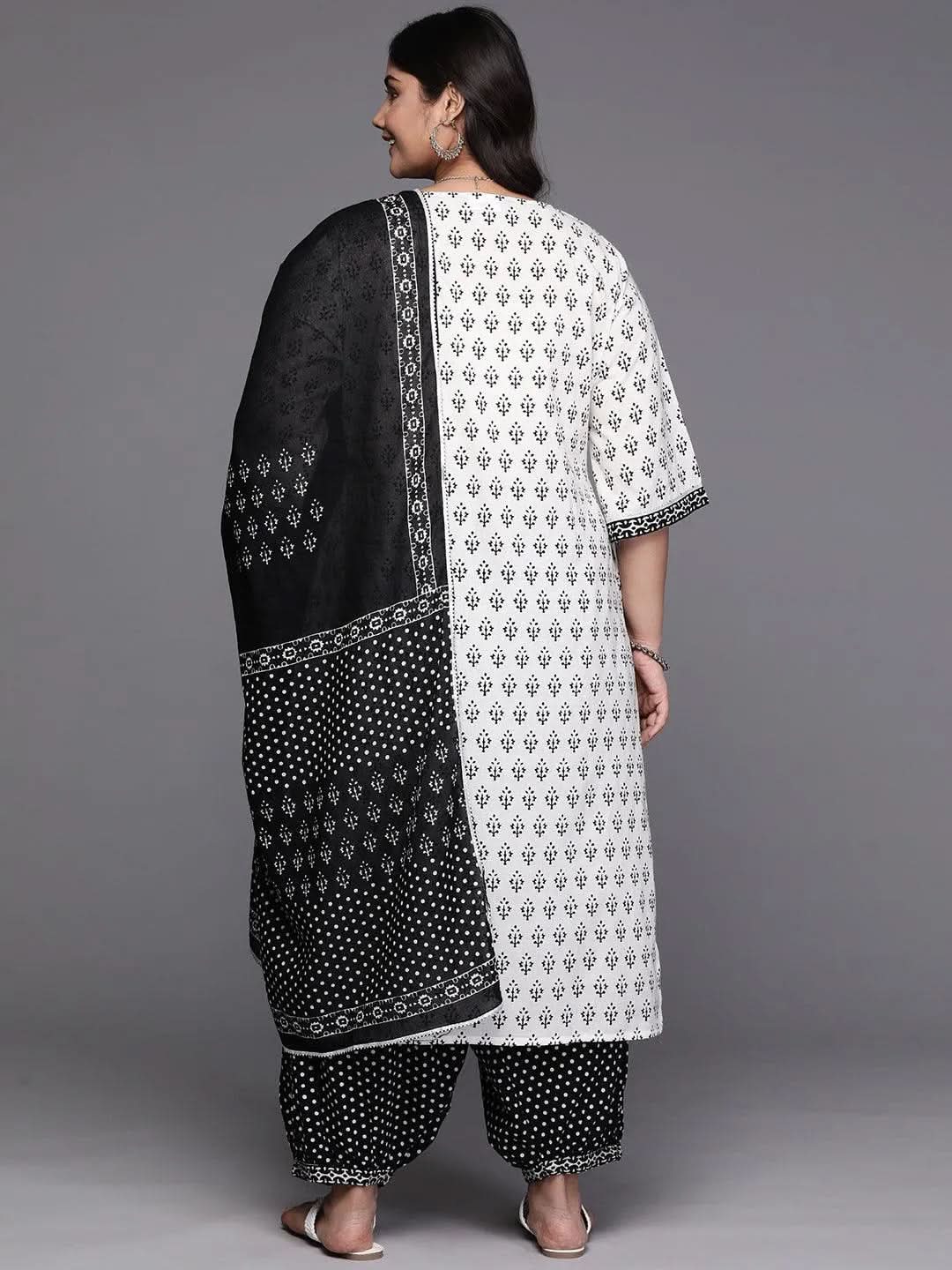 Black Yoke Design Cotton Straight Kurta With Trousers & Dupatta - Libas 