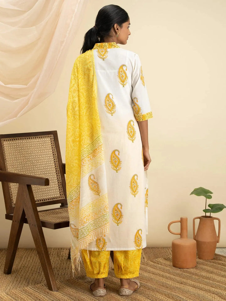 White Printed Cotton Suit Set - Libas