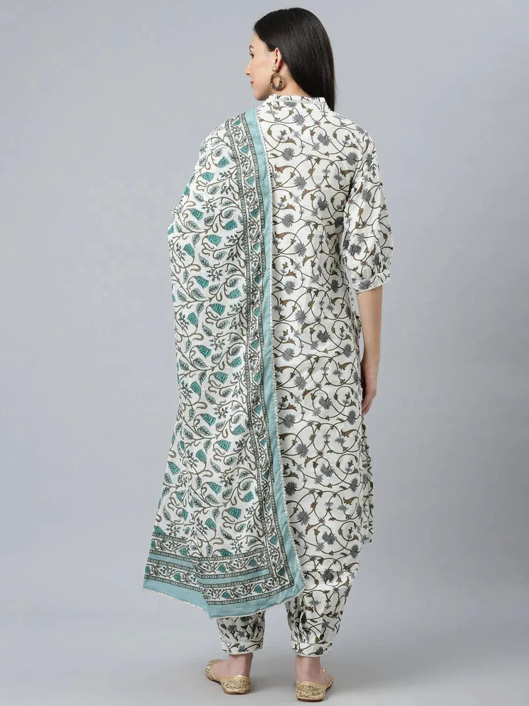 White Printed Cotton Suit Set - Libas 