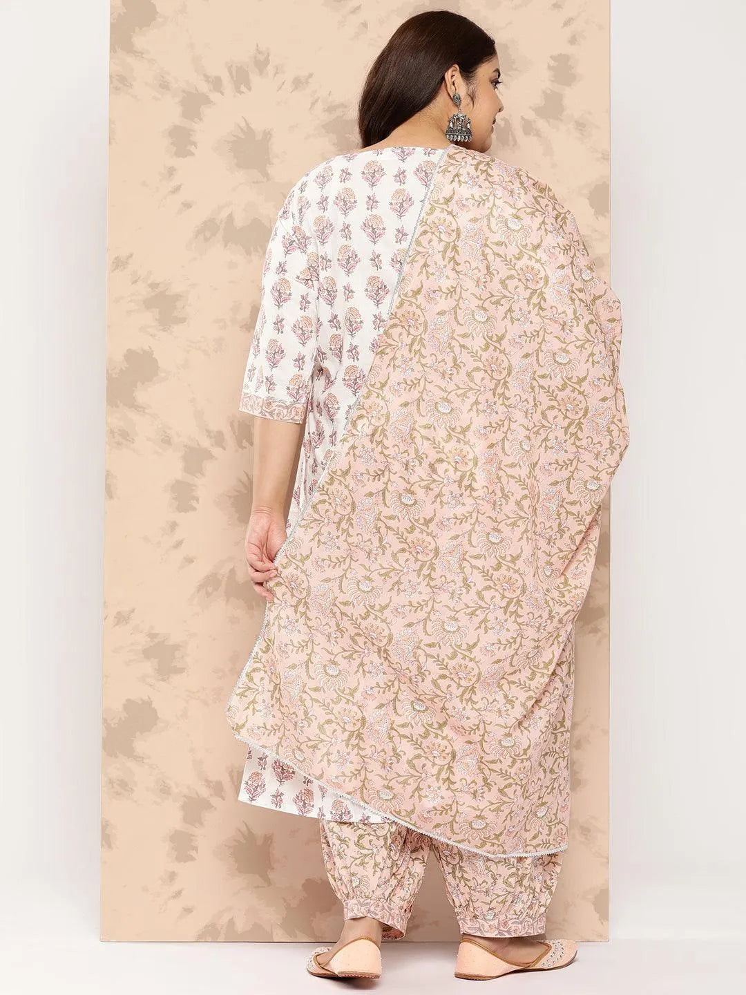 White Printed Cotton Straight Kurta With Salwar and Dupatta - Libas