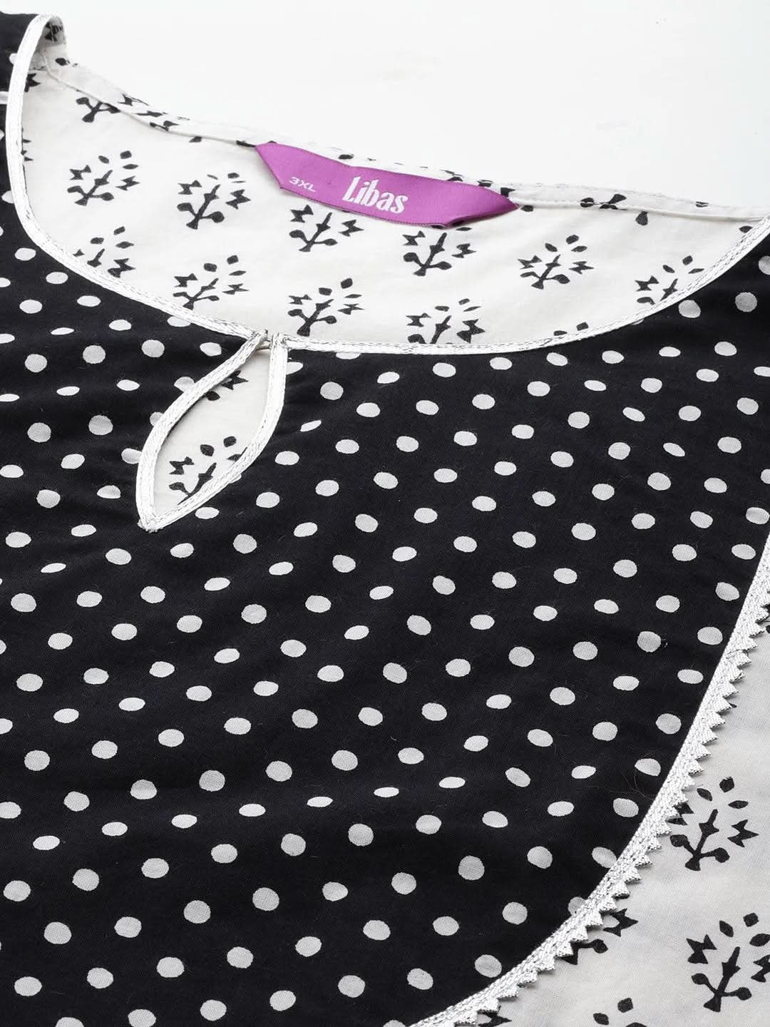 Black Yoke Design Cotton Straight Kurta With Trousers & Dupatta - Libas 