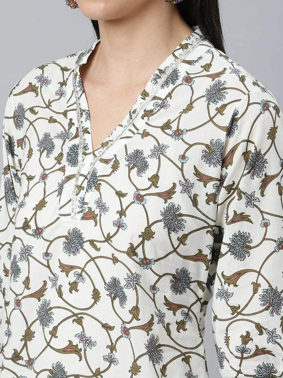 White Printed Cotton Suit Set - Libas 