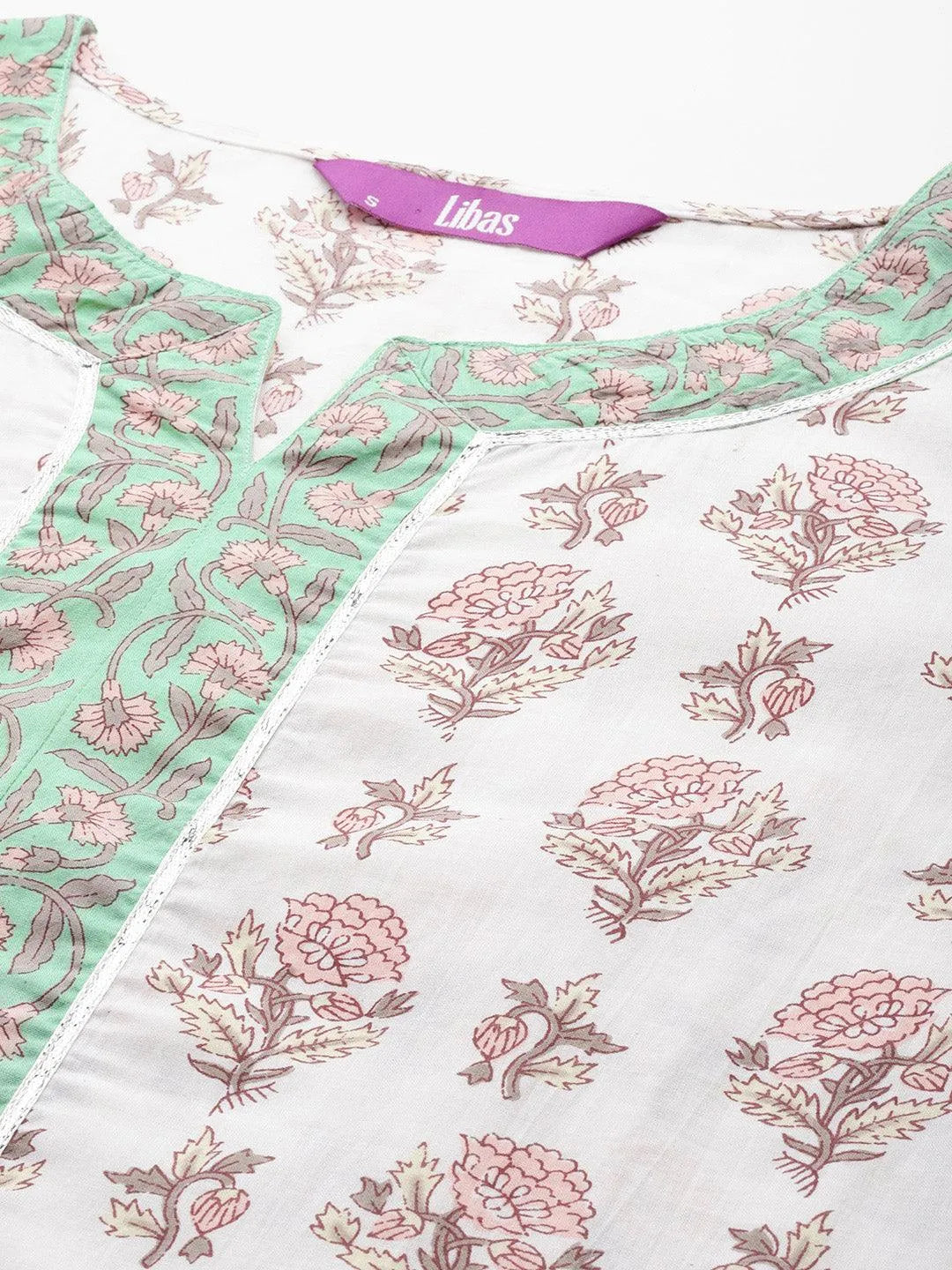 White Printed Cotton Straight Kurta With Salwar & Dupatta - Libas 