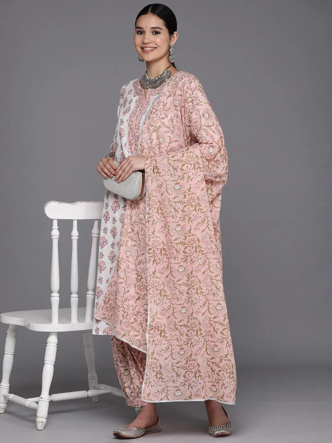 White Printed Cotton Straight Suit Set With Salwar - Libas 