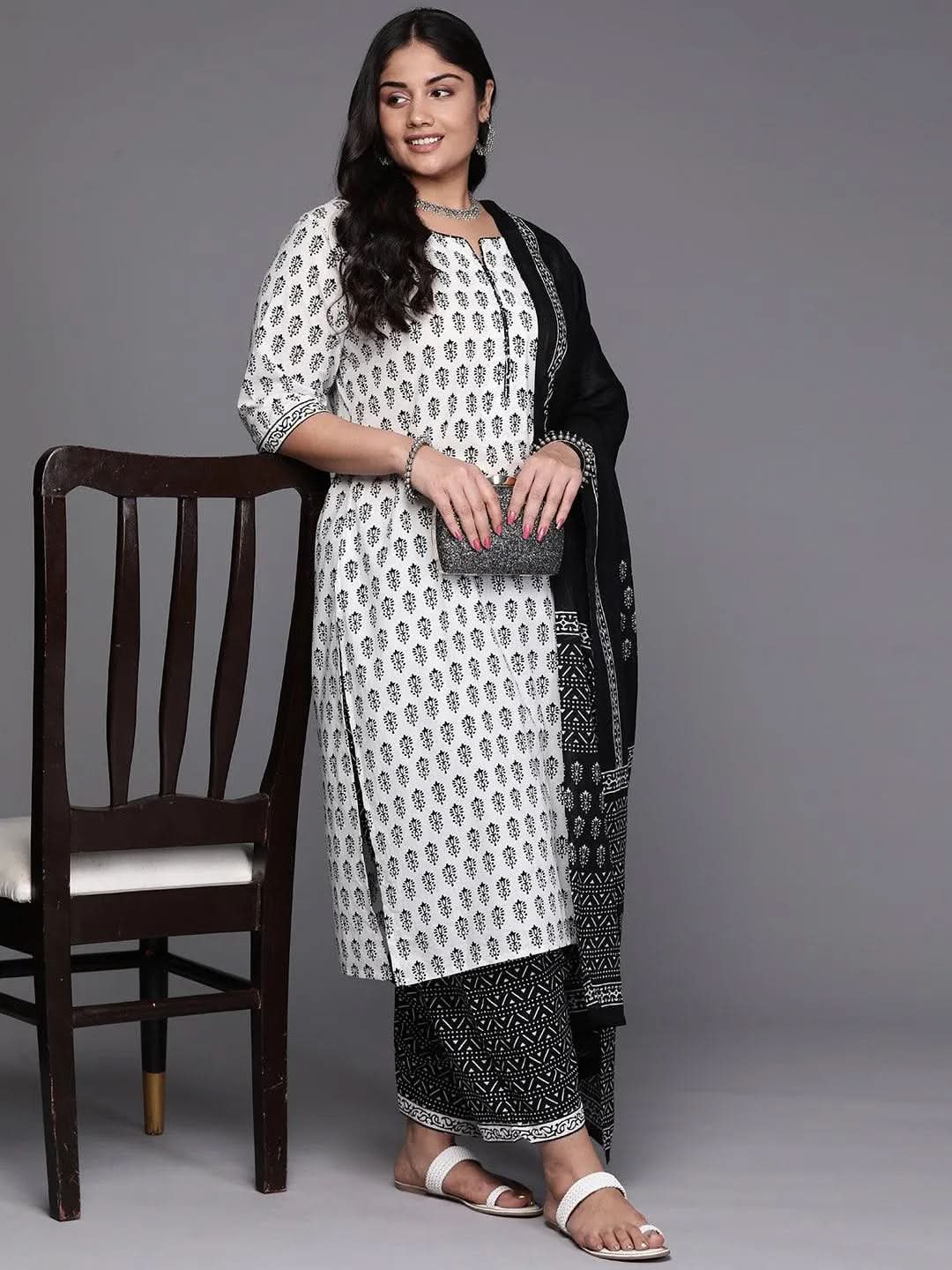 Black Yoke Design Cotton Straight Kurta With Trousers & Dupatta - Libas 