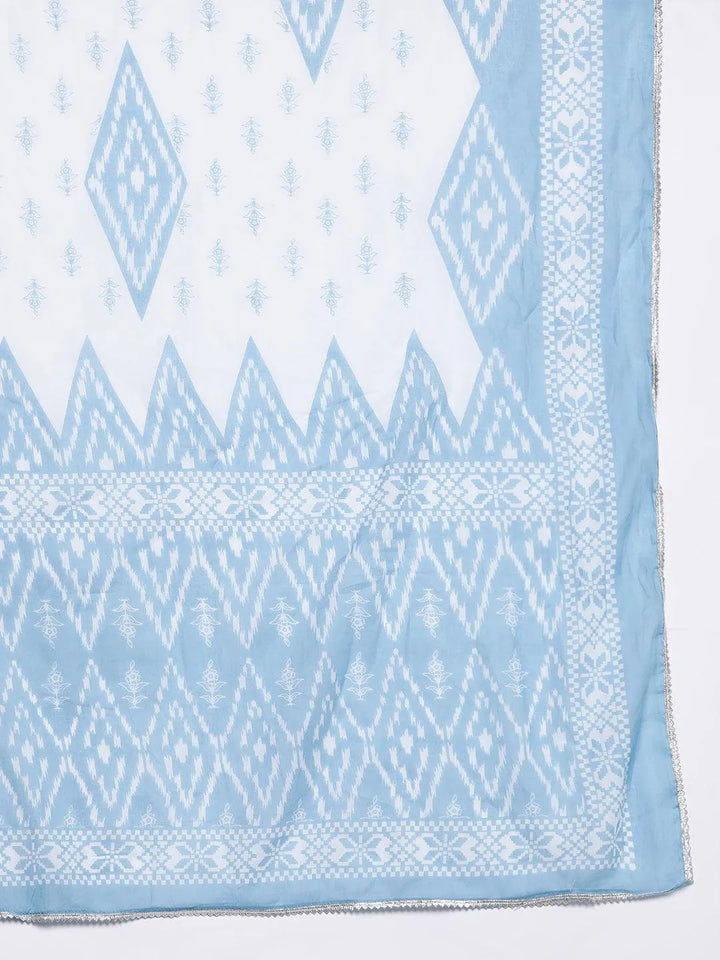White Printed Cotton Straight Kurta With Salwar & Dupatta - Libas