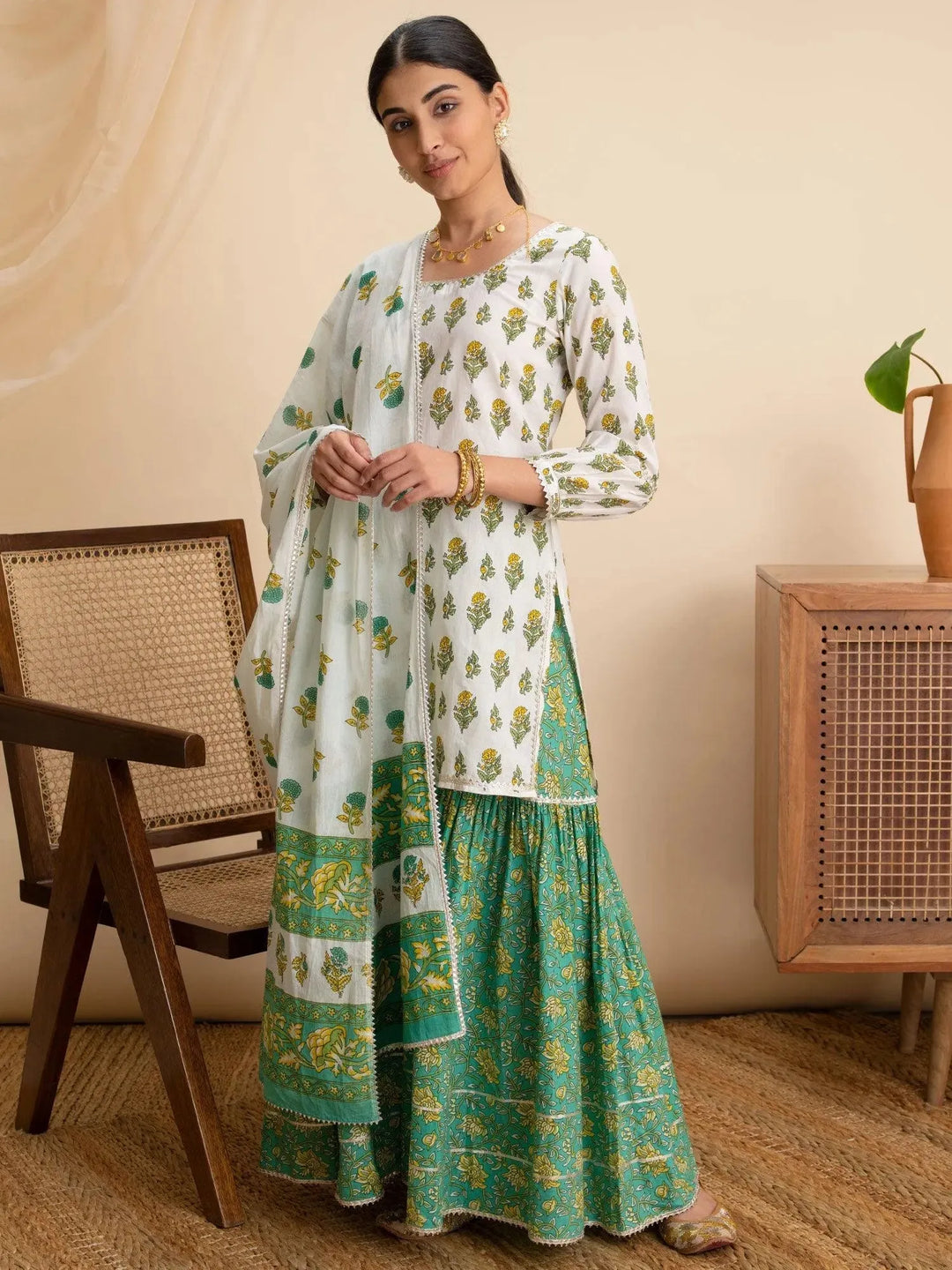 White Printed Cotton Suit Set - Libas 