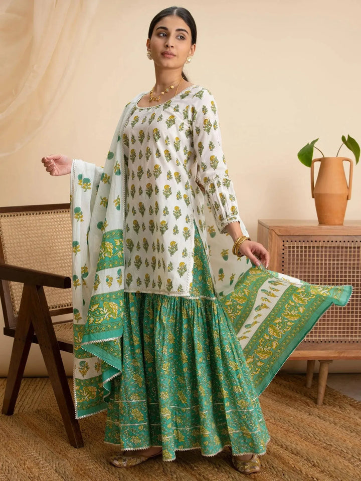 White Printed Cotton Suit Set - Libas