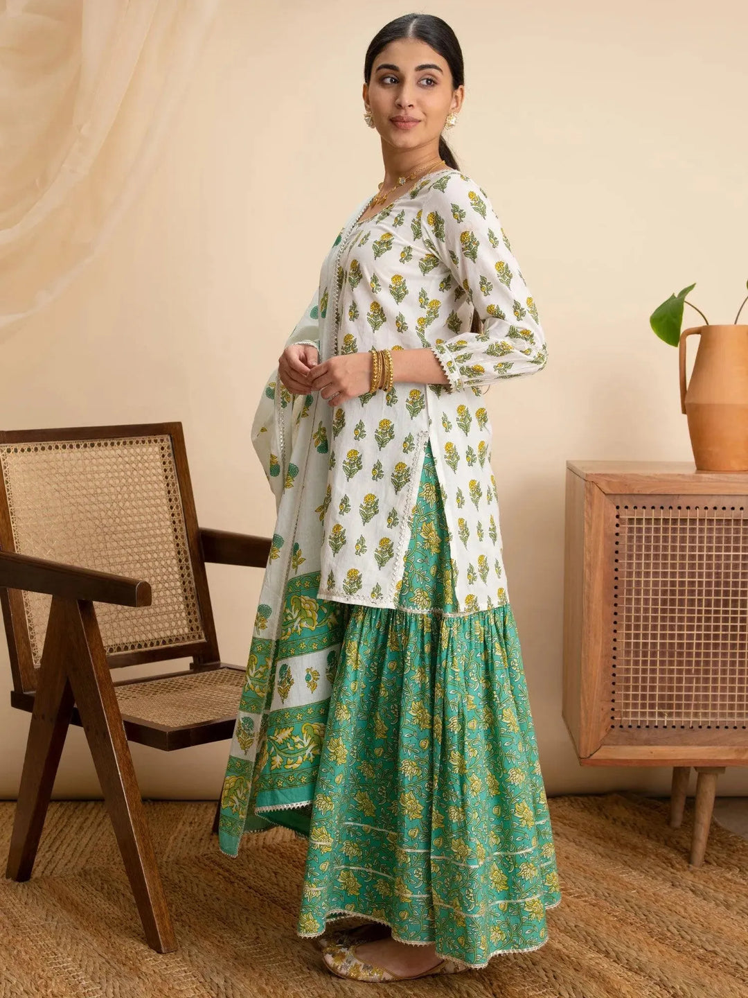 White Printed Cotton Suit Set - Libas