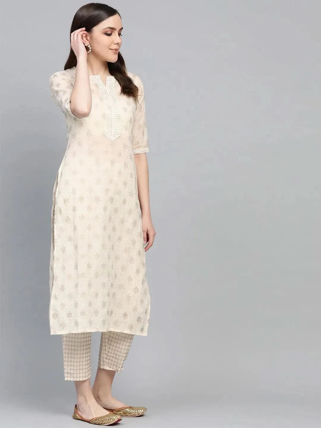 

White Printed Cotton Straight Kurta With Trousers