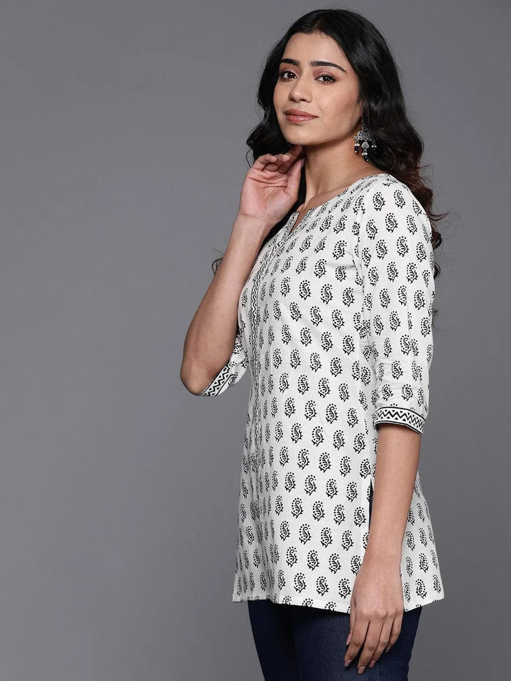 White Printed Cotton Straight Kurti - Libas