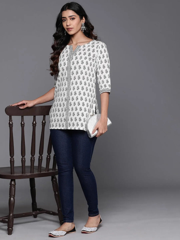 White Printed Cotton Straight Kurti - Libas