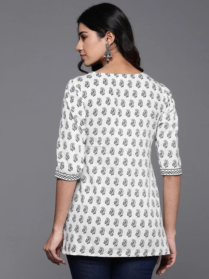 White Printed Cotton Straight Kurti - Libas