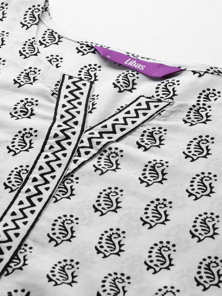 White Printed Cotton Straight Kurti - Libas