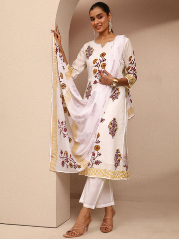 White Printed Cotton Straight Suit Set With Dupatta