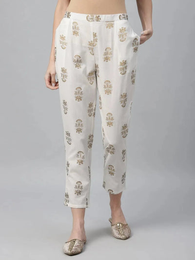 White Printed Cotton Trousers - Libas