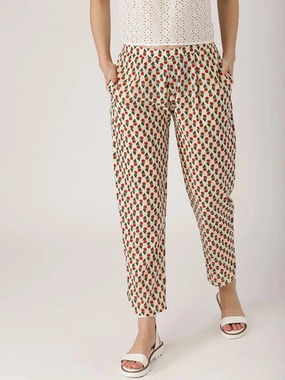 White Printed Cotton Trousers - Libas