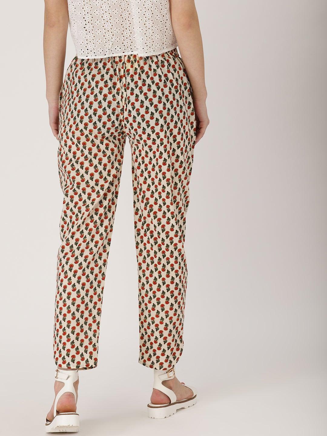 White Printed Cotton Trousers