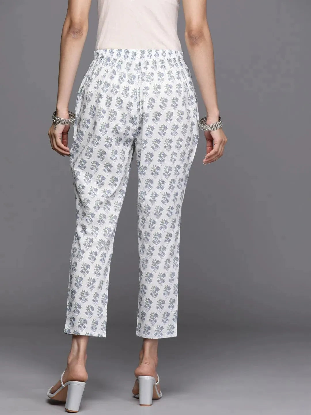 White Printed Cotton Trousers - Libas 
