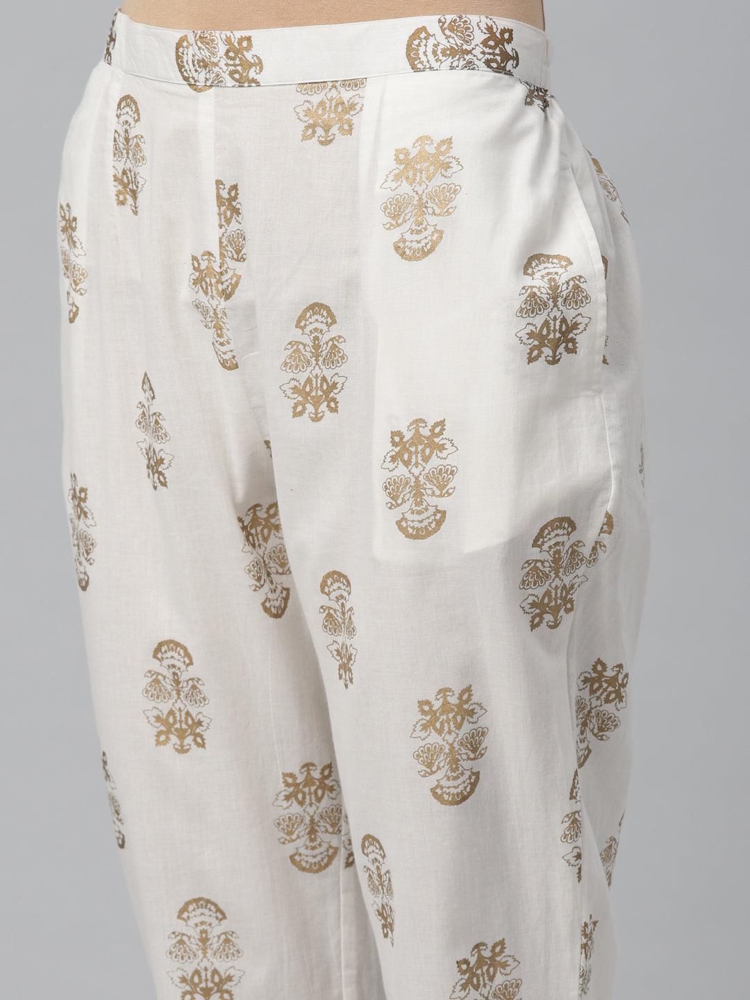 White Printed Cotton Trousers