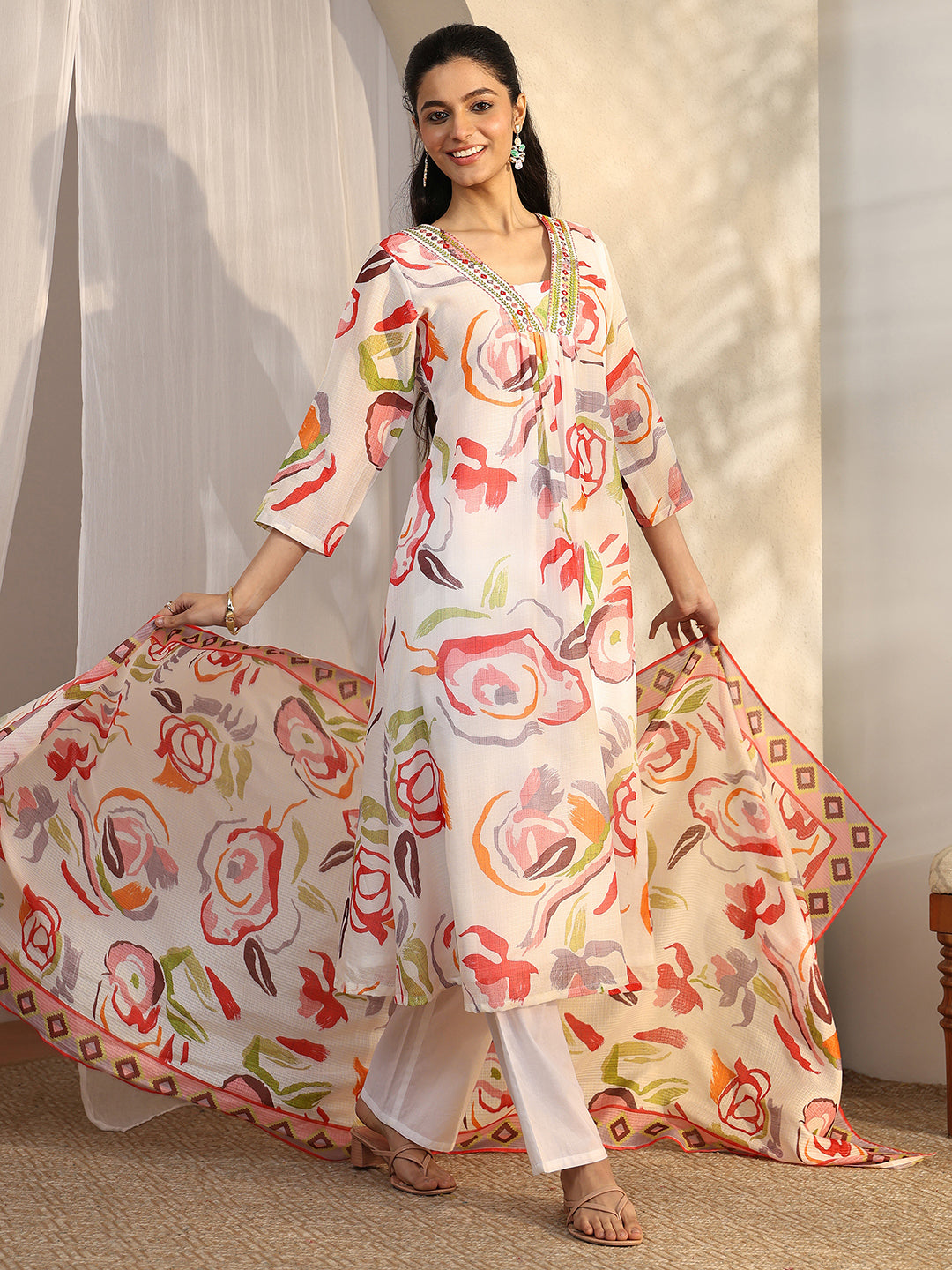 White Printed Kota A-Line Suit Set With Dupatta-image-39