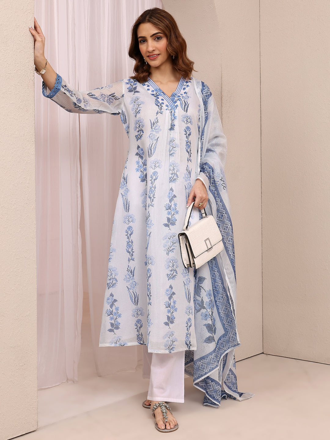 White Printed Kota Straight Suit Set With Dupatta