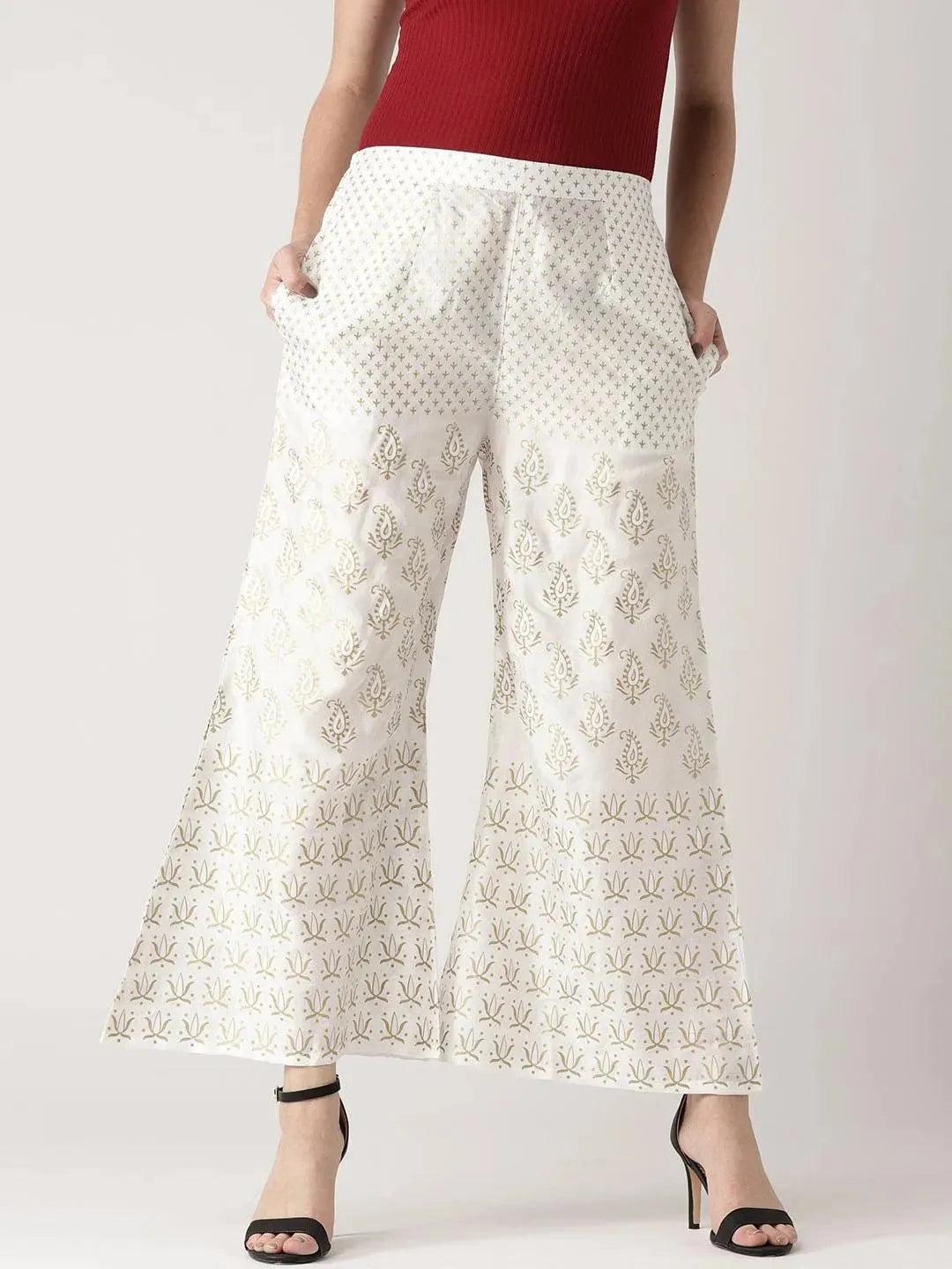 White Printed Polyester Palazzos - Libas