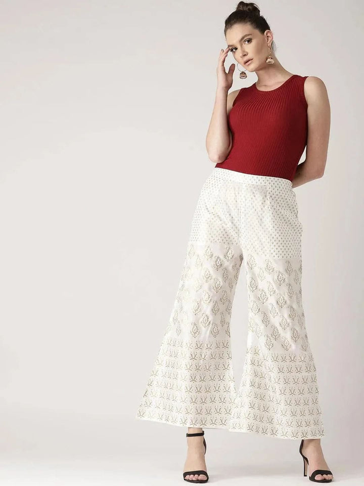 White Printed Polyester Palazzos - Libas