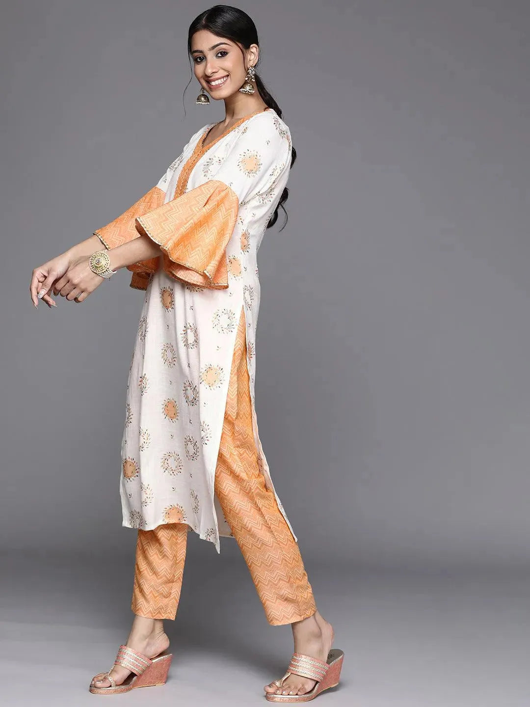 White Printed Rayon Kurta - Libas