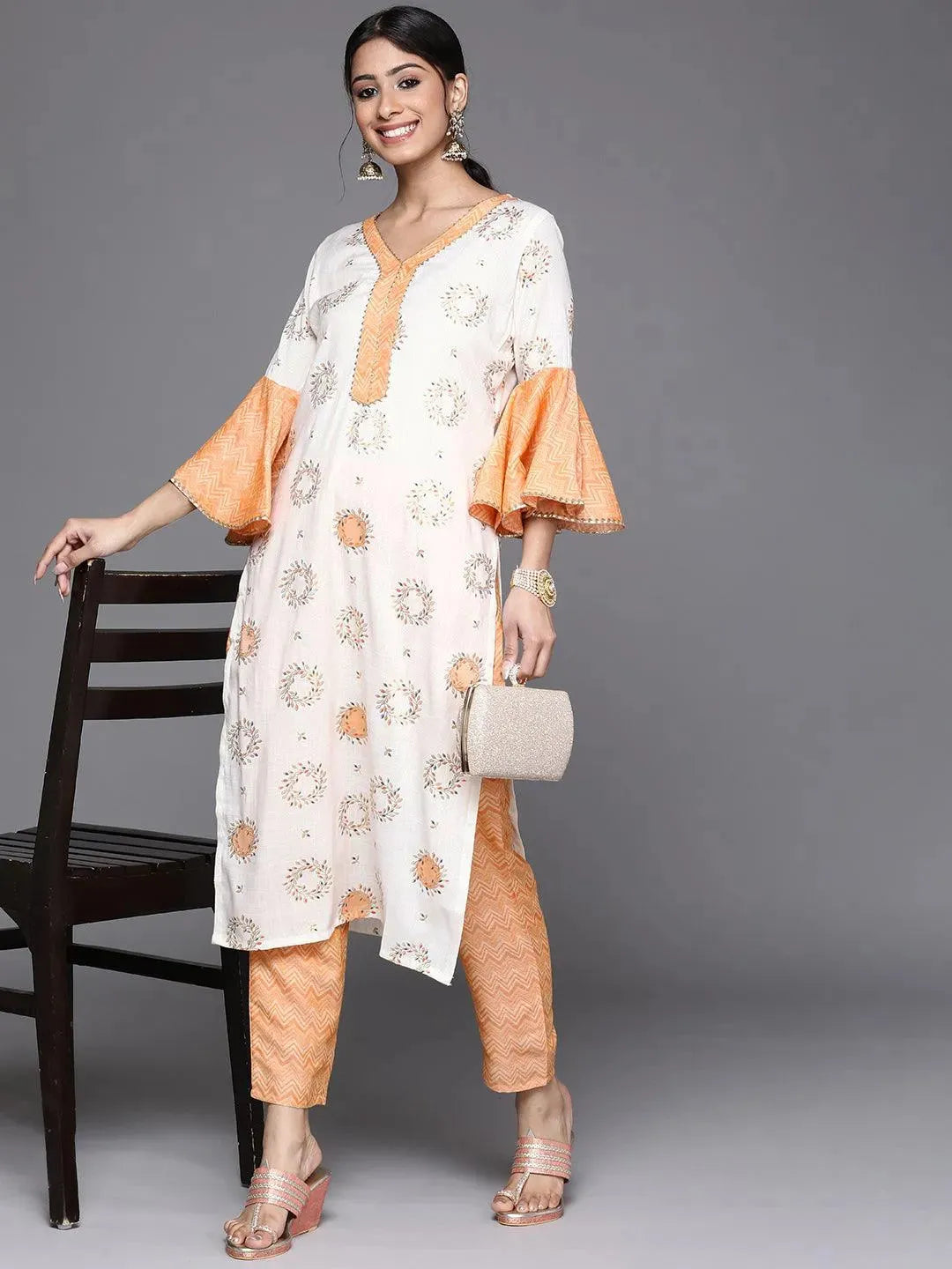 White Printed Rayon Kurta - Libas