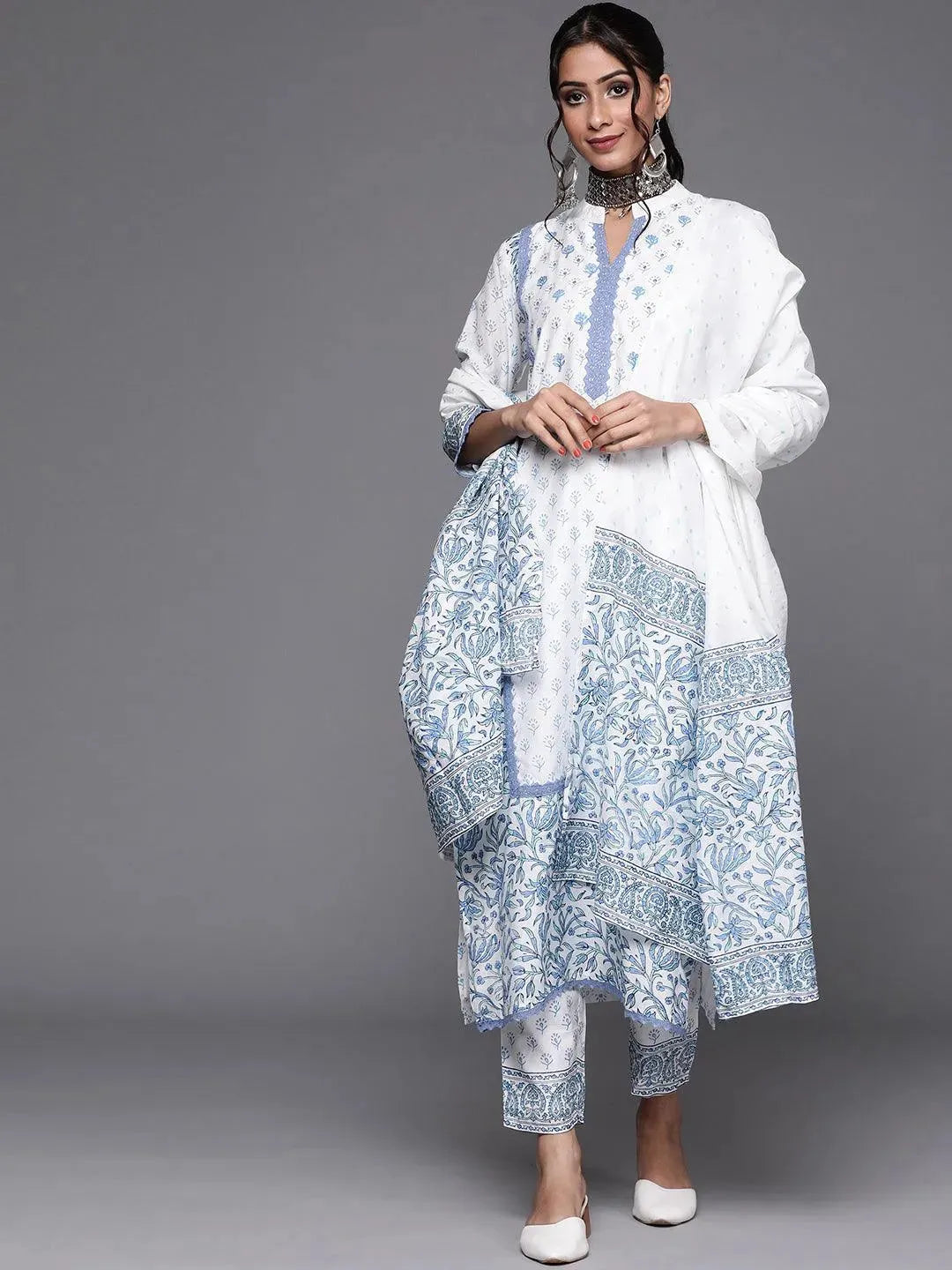 White Printed Silk Suit Set - Libas