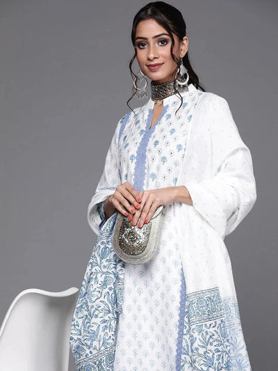 White Printed Silk Suit Set - Libas