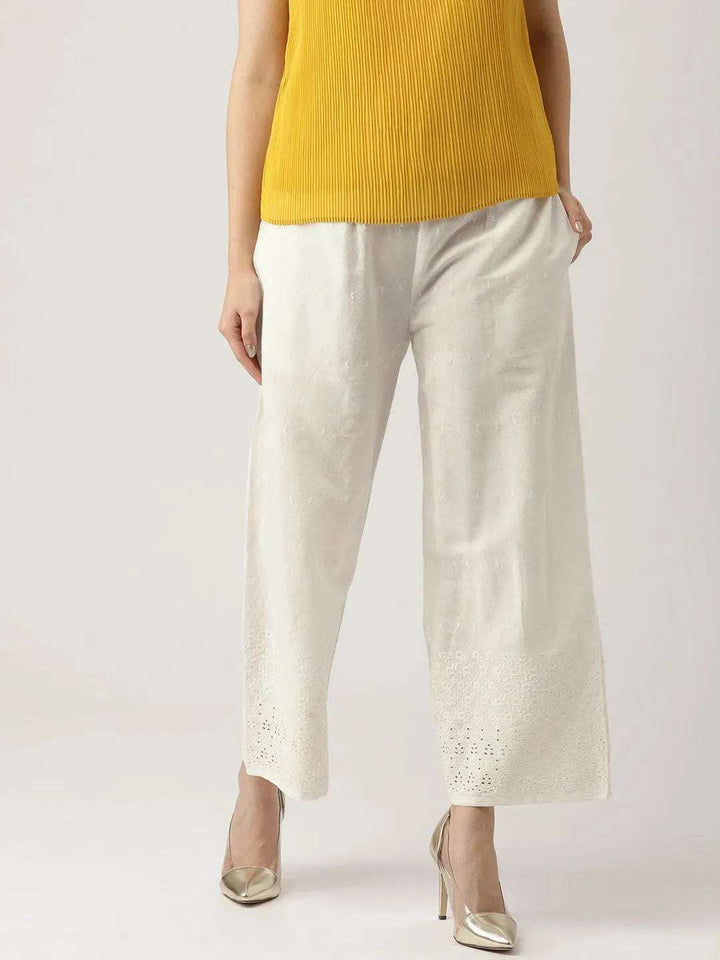 White Schiffli Cotton Palazzos - Libas